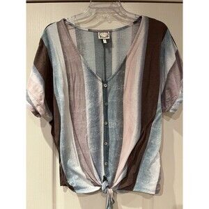 TRU SELF Med/Large 1X V-Neck Striped Top, Faux Button Up, Cap Sleeve